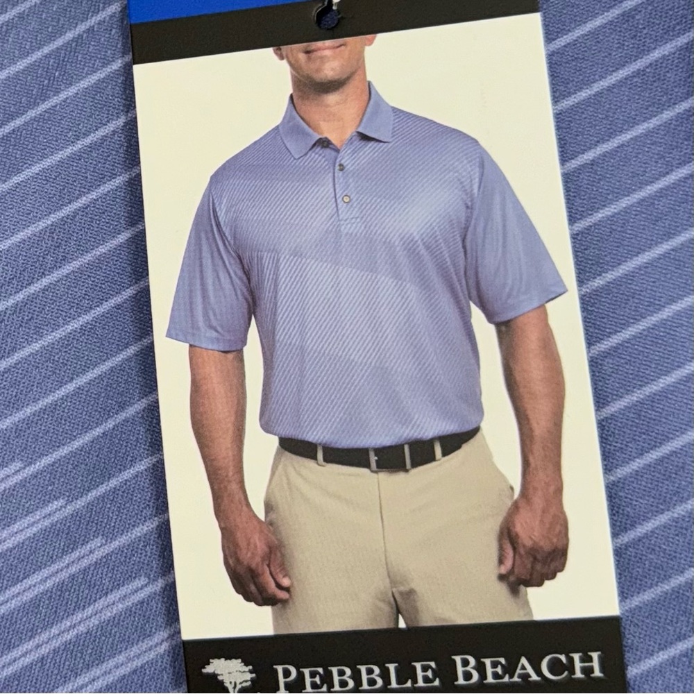 Pebble Beach NWT! Men'S blue Stripe Dry-Luxe Performance Golf Polo Shirt Size L